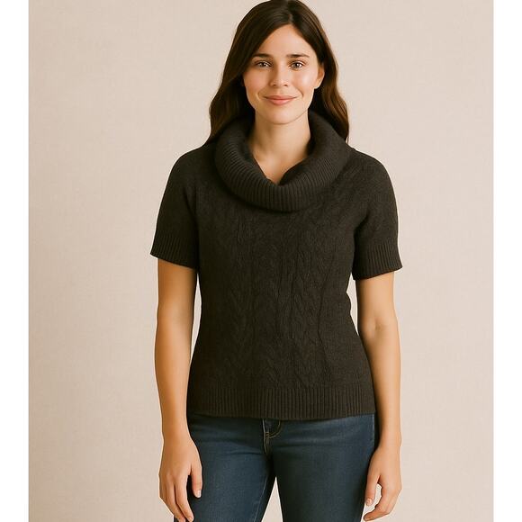 BCBGMAXAZRIA Short Sleeve Cable Knit Cowl Neck Sweater Gray Small Cozy Career - Picture 1 of 8